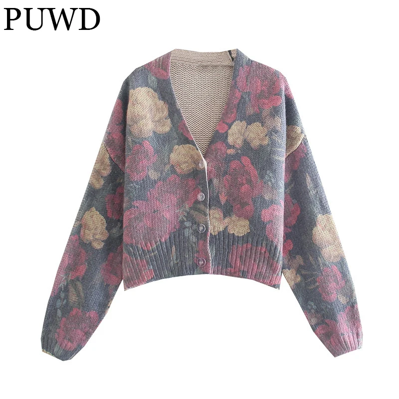 

PUWD Elegant Women Sweaters 2021 Autumn Fashion V-neck Ladies Flower Printing Long Sleeves Sweater Knitting Female Chic Tops
