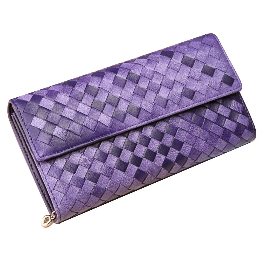 Purple Кошелек из овечьей кожи, Женский Длинный кошелек из натуральной кожи, Женский кошелек, вязаный модный стиль - Цвет: Purple