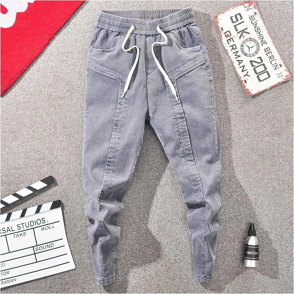 

Jeans Men 's Spring and Summer Korean Style Solid Color Mid-Waist Washed Slim Fit Casual Tappered Ankle-Length Pants