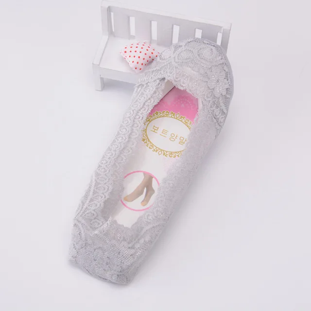 grey lace Модные женские носки, силиконовые, нескользящие, милые, одноцветные, ледяной шелк, роза, цветок, хлопок, черный, серый, телесный - Цвет: grey lace
