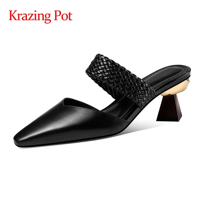 

Krazing pot cow leather 3D weaving square toe strange style high street fashion mules daily wear mature solid sandals women L61