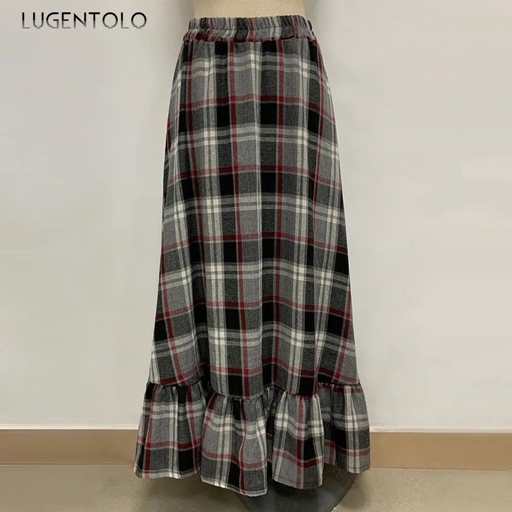 

Lugentolo Long Skirt Women Plus Size Plaid Printing Ruffle Stitching Big Swing High Waist Autumn New Fashion A-Line Skirts