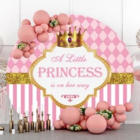 pink stripe golden crown newborn baby shower birthday party princess photo background round polyester photography backdrops