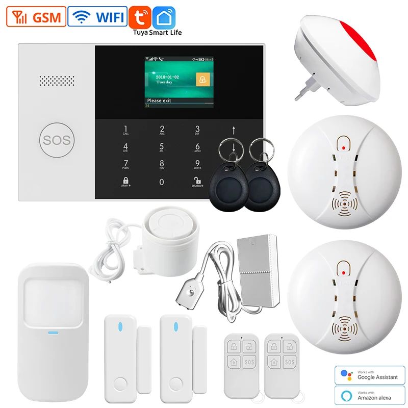 Smart Tuya App Home Security Alarm System PG105 WiFi GSM Alarm System 2.4-inch Color Screen Wireless Connect Door Sensor Siren