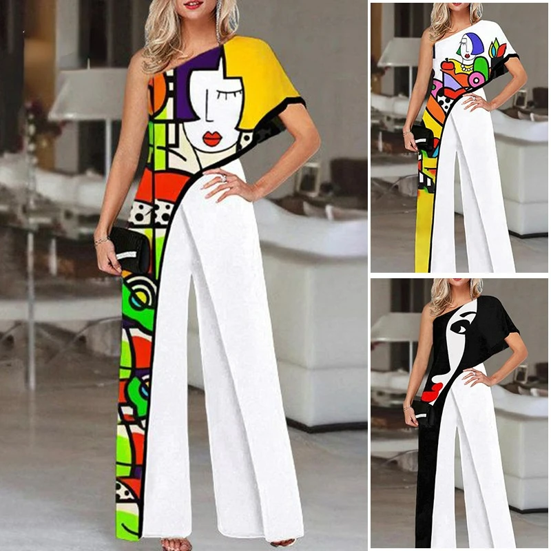 Women Wide Leg Jumpsuit Rompers Casual Cartoon Figure Print Palazzo Pantalones Playsuits One Shoulder Jumpsuits Office Overalls