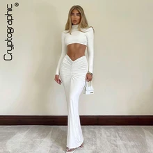 Cryptographic Elegant White Long Sleeve 2 Piece Set Outfits for Women Club Party Top and Dress Sets Long Ruched Matching Sets