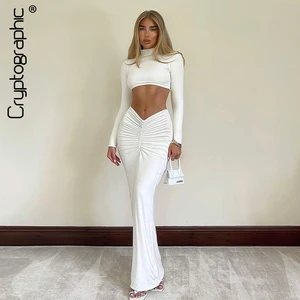 cryptographic elegant white long sleeve 2 piece set outfits for women club party top and dress sets long ruched matching sets free global shipping