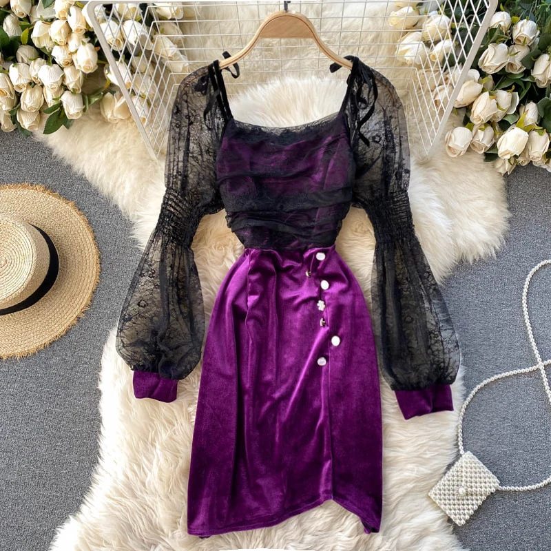

Autumn Square Collar Sexy Mesh Bodycon Dress Women Elegant Purple Velvet Patchwork Mini Vestidos Female Fashion Pleated Robe New