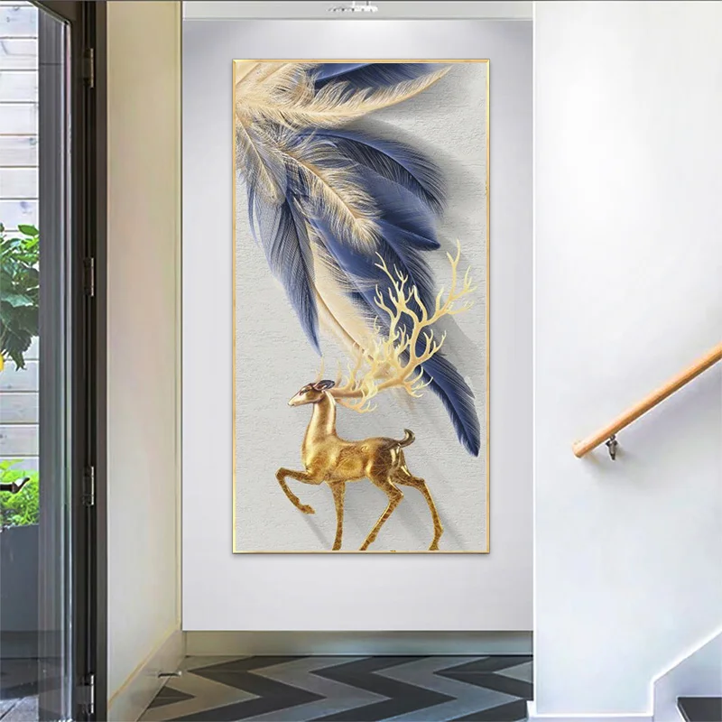 

Modern Luxurious Blue Gold Feather Leaves Abstract Canvas Painting Wall Art Print Poster Picture Living Room Home Decoration