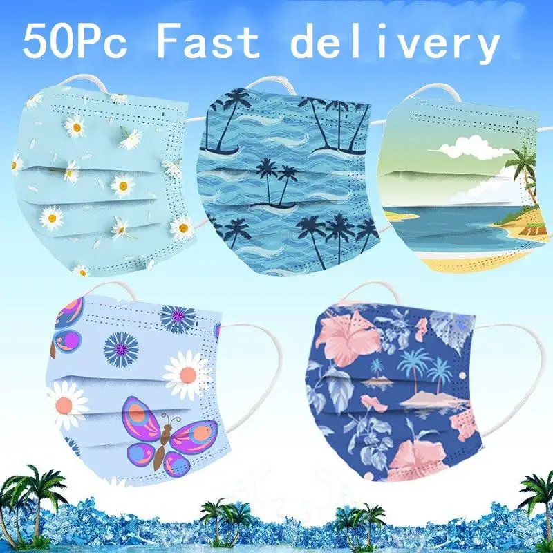 

50Pc Fast delivery Disposable Face Mask Summer Cool Fashion Face Mouth Masks 3-layer with Melt Blown Cloth Anti-dust Mascarilla