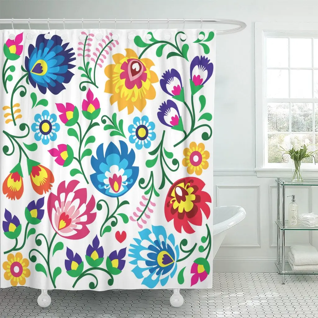 Colorful Floral Polish Folk Pattern in Wzory Lowickie Wycinanki Shower Curtain Waterproof Polyester Fabric 72 x 78 Inches