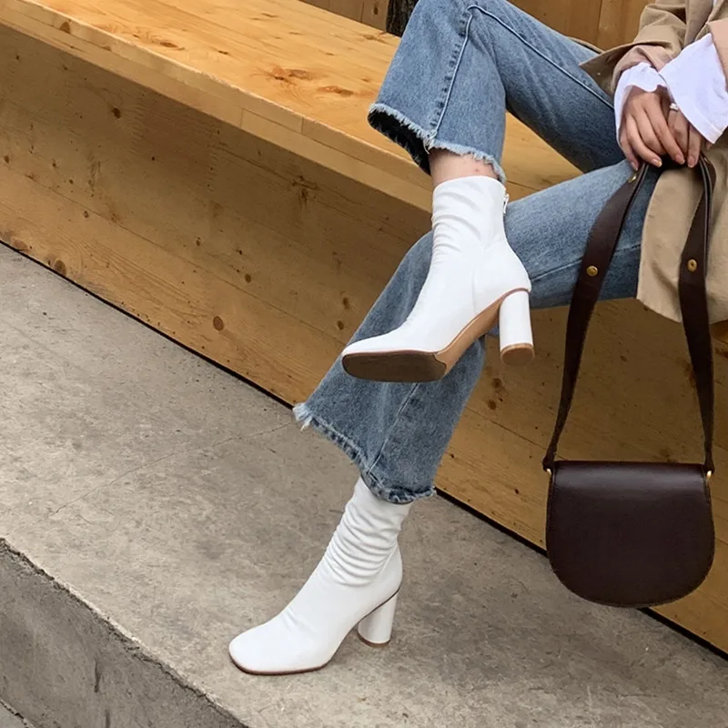 

7.5cm high round heels winter shoes square toe preppy style zipper elegant party dating cozy stretch ankle boots XDD12 MUYISEXI