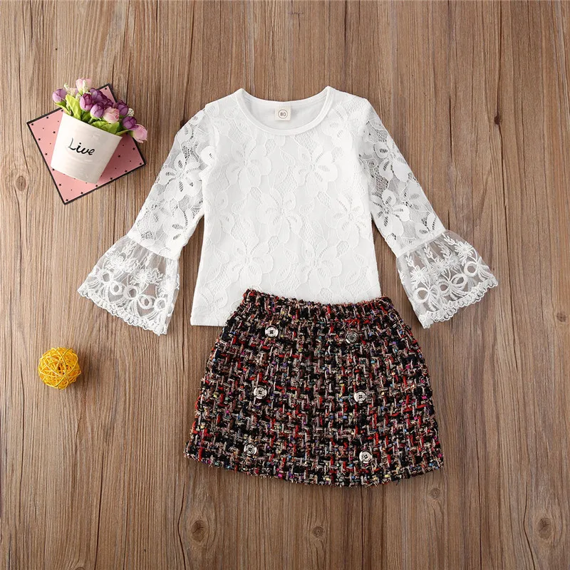 1-6T Kid Baby Girl Clothes White Lace Flare Ruffle Long Sleeve T-Shirt Tops Kids Skirt Girls Outfit Casual Clothing | Мать и ребенок