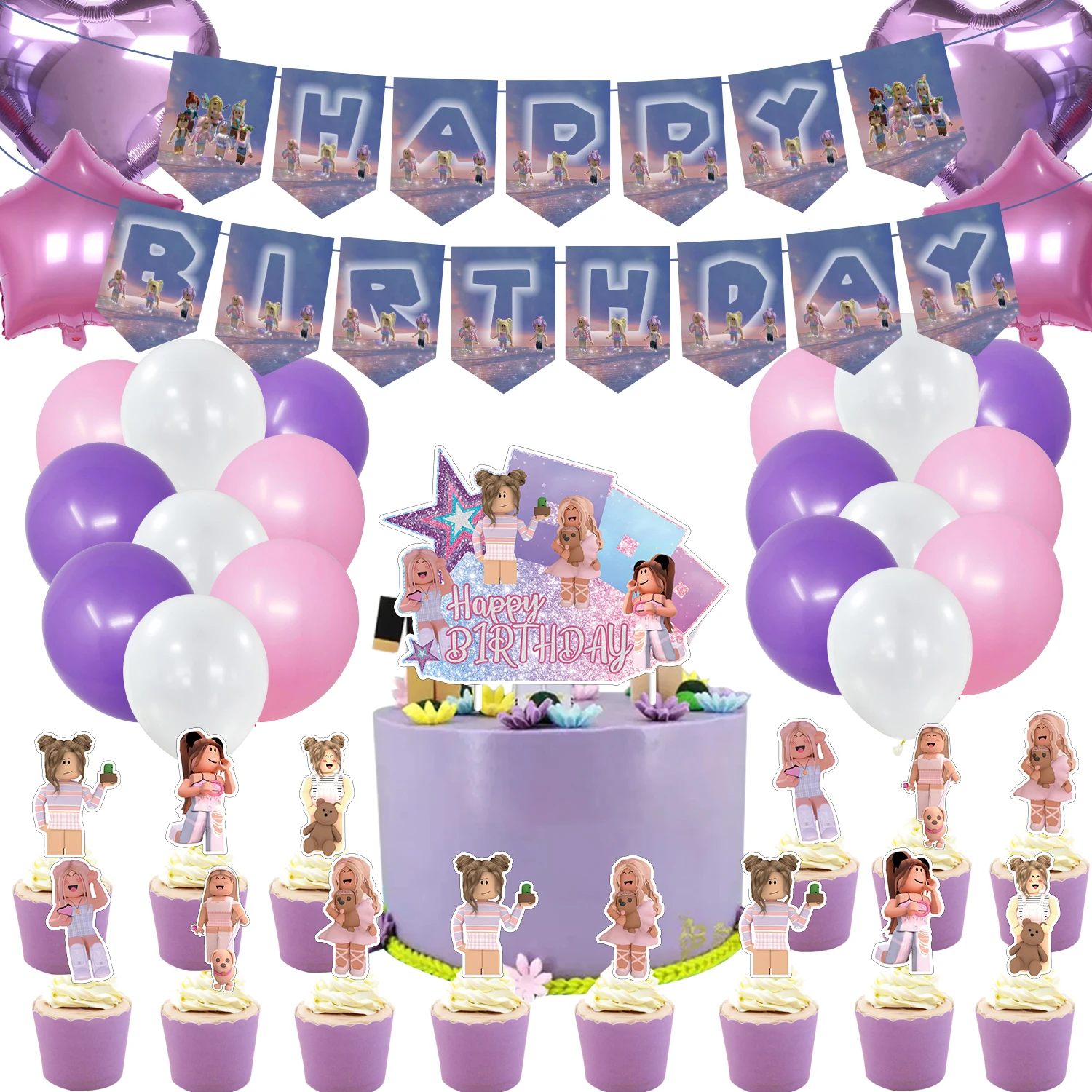 

Игровая тема Roblo, товары для дня рождения, бумажный баннер, топпер для торта, фольгированные воздушные шары, розовый робло, украшения для дня ...