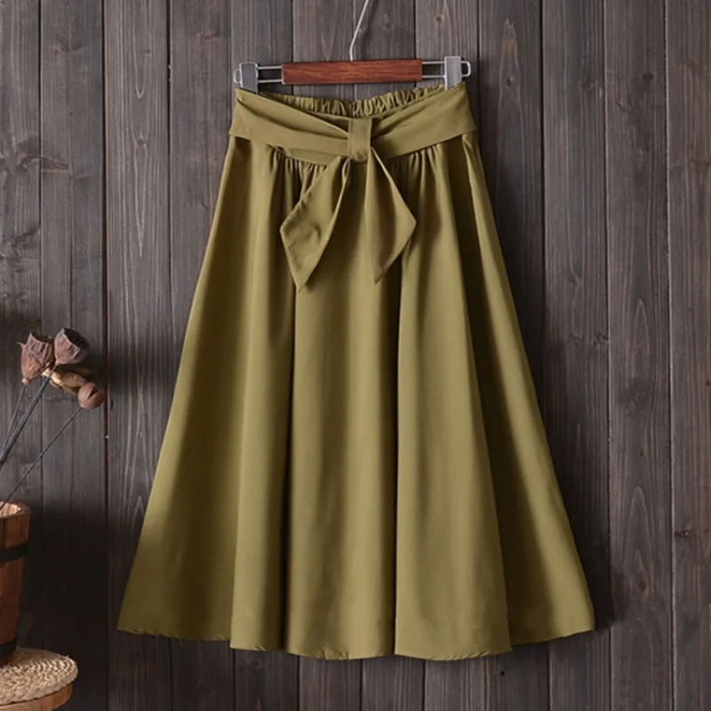 

Hot Elegant Women Skirt High Waist Pleated Knee Length Skirt Vintage A Line Big Bow Skirts