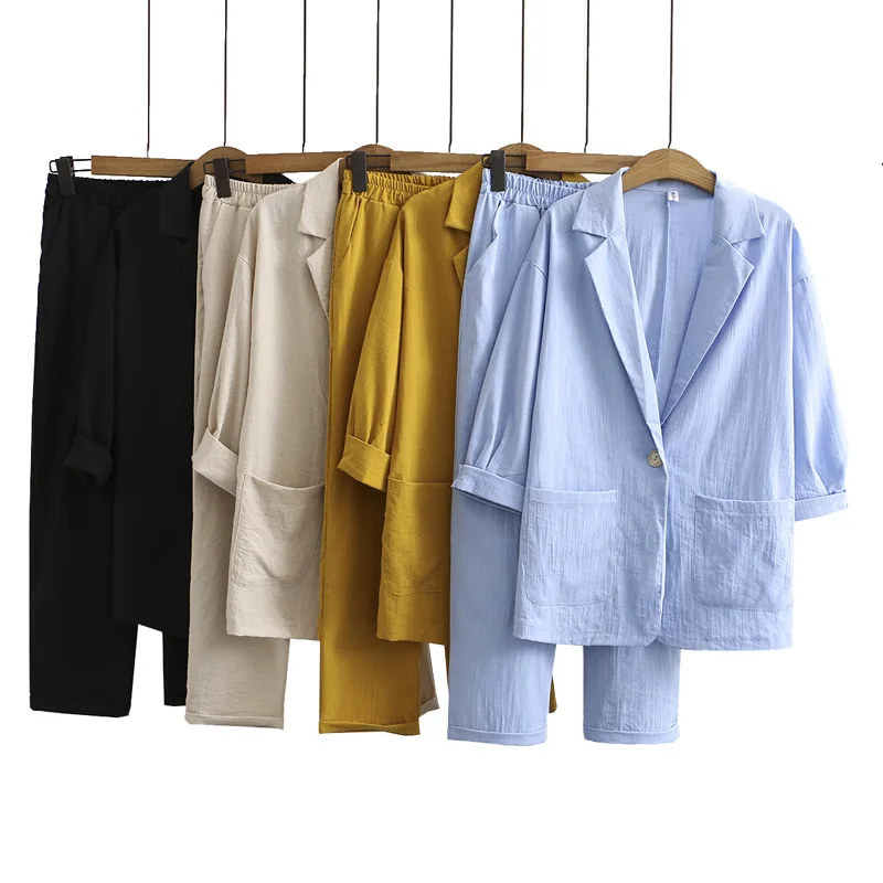 

Plus Size Women's 2pieces Blazer Sets 3/4 Sleeve Cotton&Linen V-neck Jacket + Elastic Waist Ankle Pants Officewear Suits
