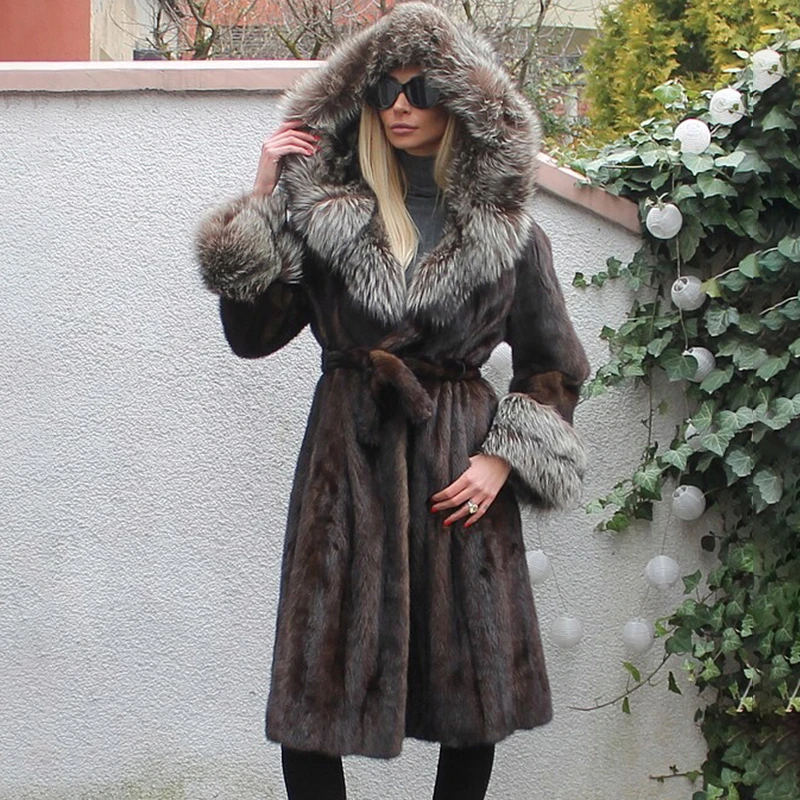BFFUR Real Mink Fur Coats Woman Winter Fashion Overcoats Luxury Genuine Mink Fur Jackets Long With Silver Fox Fur Hood And Cuff