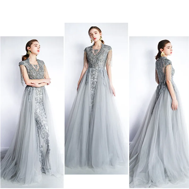 vestido de festa серое длинное платье для выпускного вечера es вечерние платья с высоким вырезом Женская официальная Аппликация из бисера Русалка платья для выпускного вечера