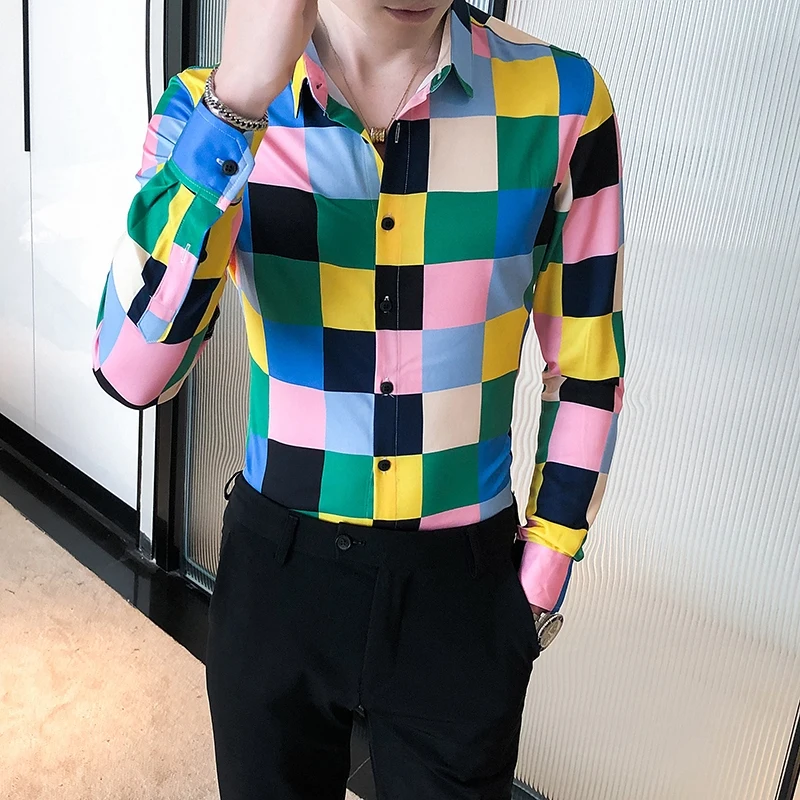 Корейская приталенная Мужская рубашка в клетку смокинг модная мужская одежда 2020