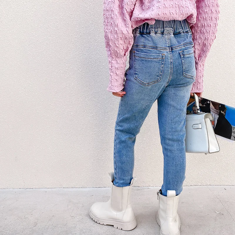 

New solid color 2021 girls' pants, big kids Korean version of slim stretch trendy denim pants