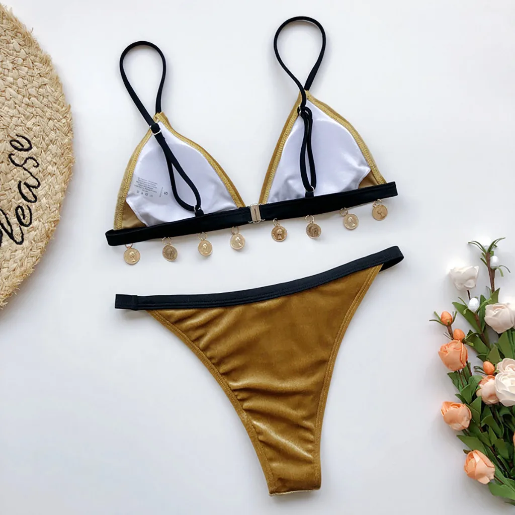 Купальники женское бикини Женский однотонный Бархатный комплект купальник две