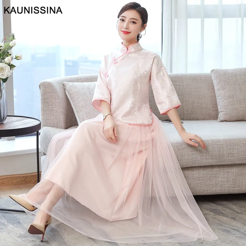 KAUNISSINA Wedding Bridesmaid Dress Elegant Qipao Traditional Chinese Women Mandarin Collar Vestido Two Piece Dresses | Свадьбы и