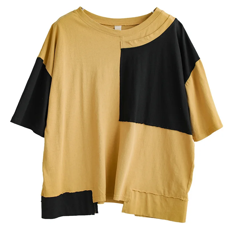 

Max LuLu 2021 Korean Fashion Summer Ladies Patchwork Yellow Short Sleeve Tee Women Casual Oversized T-shirt Girls Irregular Tops