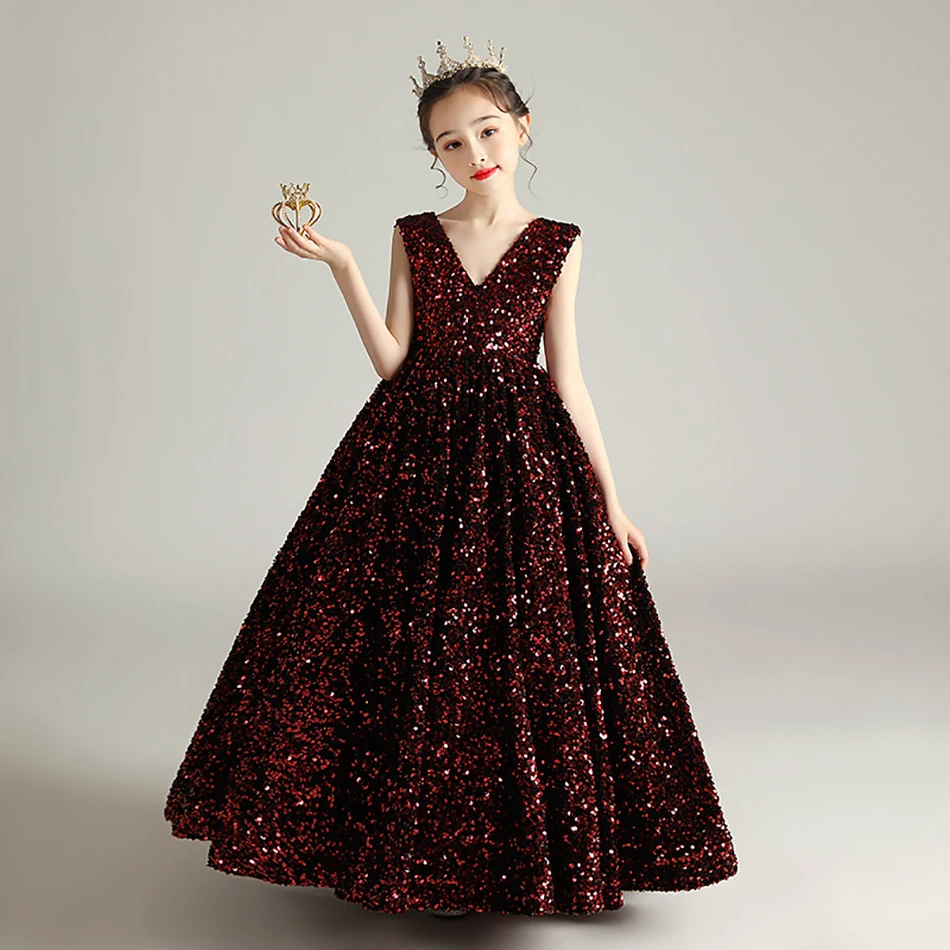 

Gorgeous Kids Dresses For Party Wedding Dress Sequins Children Pageant Gown Velvet sleeveless Girls Princess Dress Girl Clothing