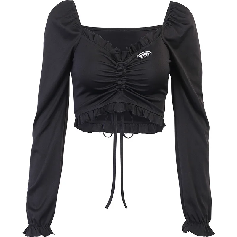 

Gothic T-shirt Women Summer Spring Retro Temperament Was Thin Top Pleated Trumpet Sleeves V-neck Long-sleeved Japan Women