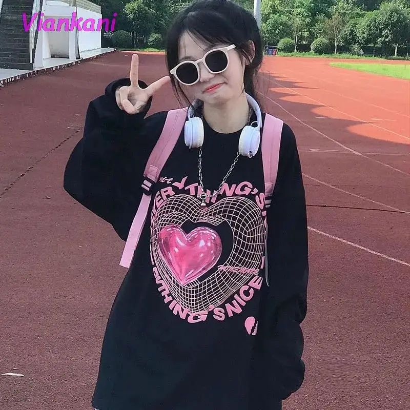 

Autumn long-sleeved t-shirt printing love Harajuku style loose long shirt unisex models couple 2022 Cartoon Pink Print Pullovers