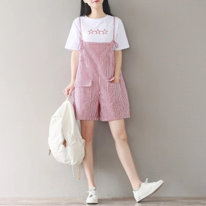 Женский Короткий комбинезон на бретелях повседневный свободный однотонный с