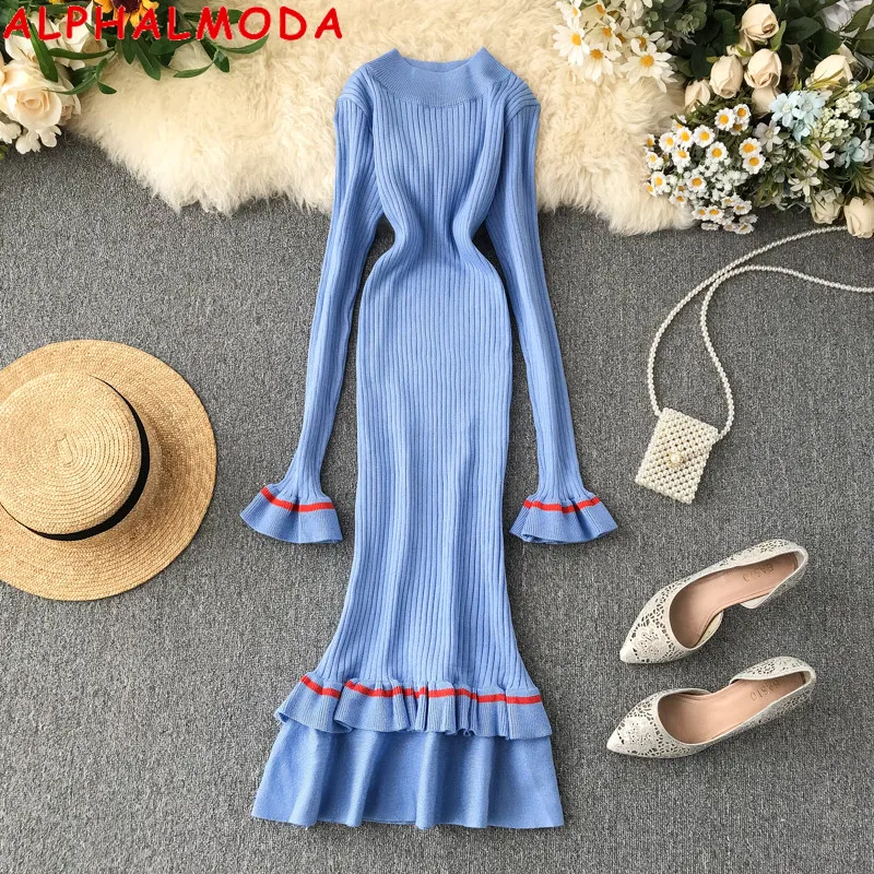 Женское вязаное платье ALPHALMODA с о образным вырезом и длинными рукавами оборками