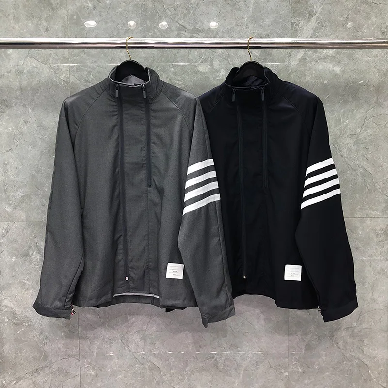 

2021 Fashion TB THOM Brand Jacket Men Zipper Cardigans Clothing Spring Autumn Stand Collar Striped Loose Wool Cotton Casual Coat