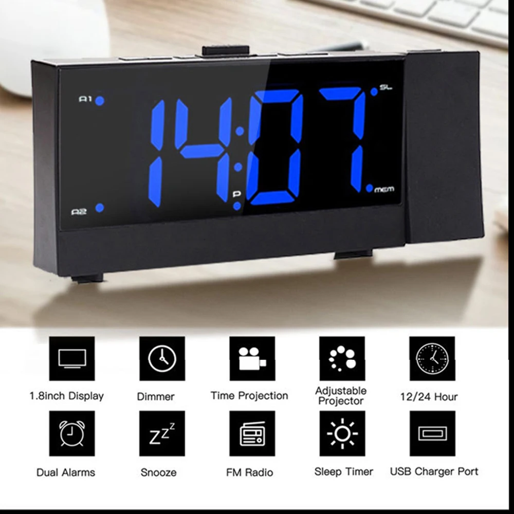 

Projection Alarm Clock Digital Date Snooze Function Backlight Rotatable Wake Up Projector Led Clock With Radio & Time Projection