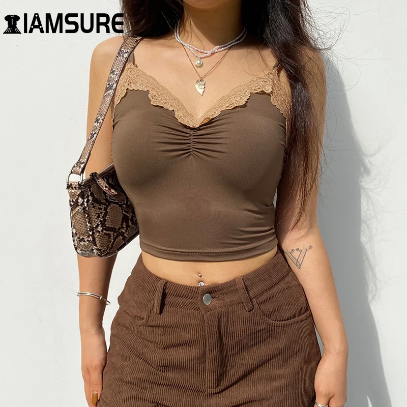IAMSURE Лоскутная кружевная отделка коричневый топ облегающий тонкий жилет без