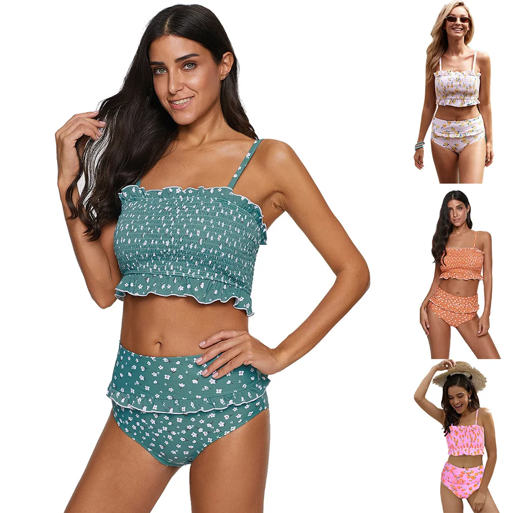 

Women Swimwear Two Piece Swimsuit Bikini Print Wire Free High Waist 2020 Summer Beach Bathing Women Bikini New Cute Swimsuits