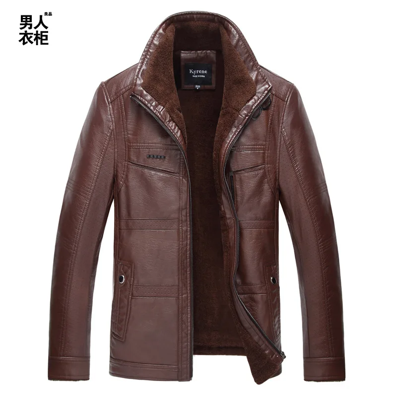 

and Autumn winter men's leather stand collar dad's coat with plush and thick warm leather jacket