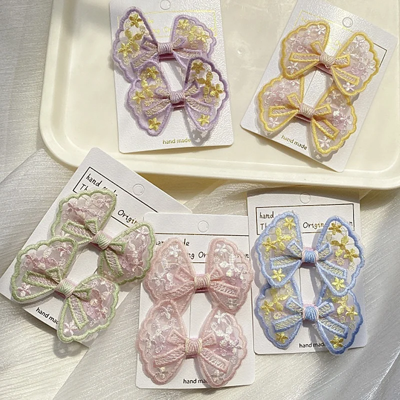 

2Pcs/Lot Chiffon Embroidered Bow Hairpin Baby Girl Cute Candy Color Headwear Sweet Princess Fashion Hair Accessories Barrettes