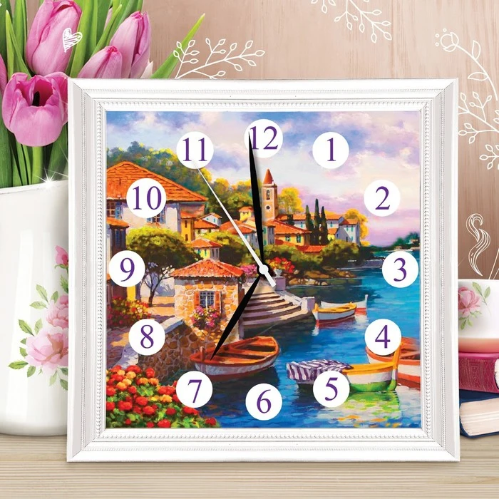 Картина по номерам - часы Домики 30х30 см | Дом и сад