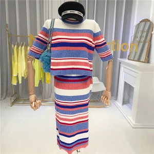 ALPHALMODA 2021 сезон: весна-лето женская хит Цвет полосатый для женщин с короткими рукавами свитер + прямая юбка (2 вещи), повседневный комплект для детей