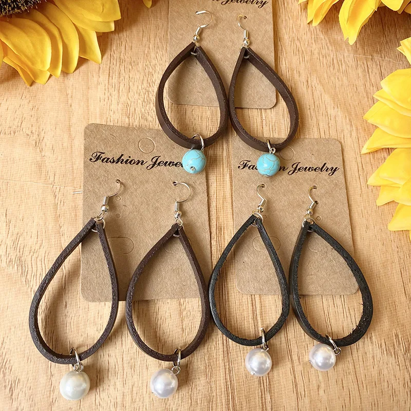 

Western Style Jewelry Cowgirl Gift Cowhide Leather Teardrop Hoop Dangle Drop Earrings for Women Turquoise Pearls Beads Earrings