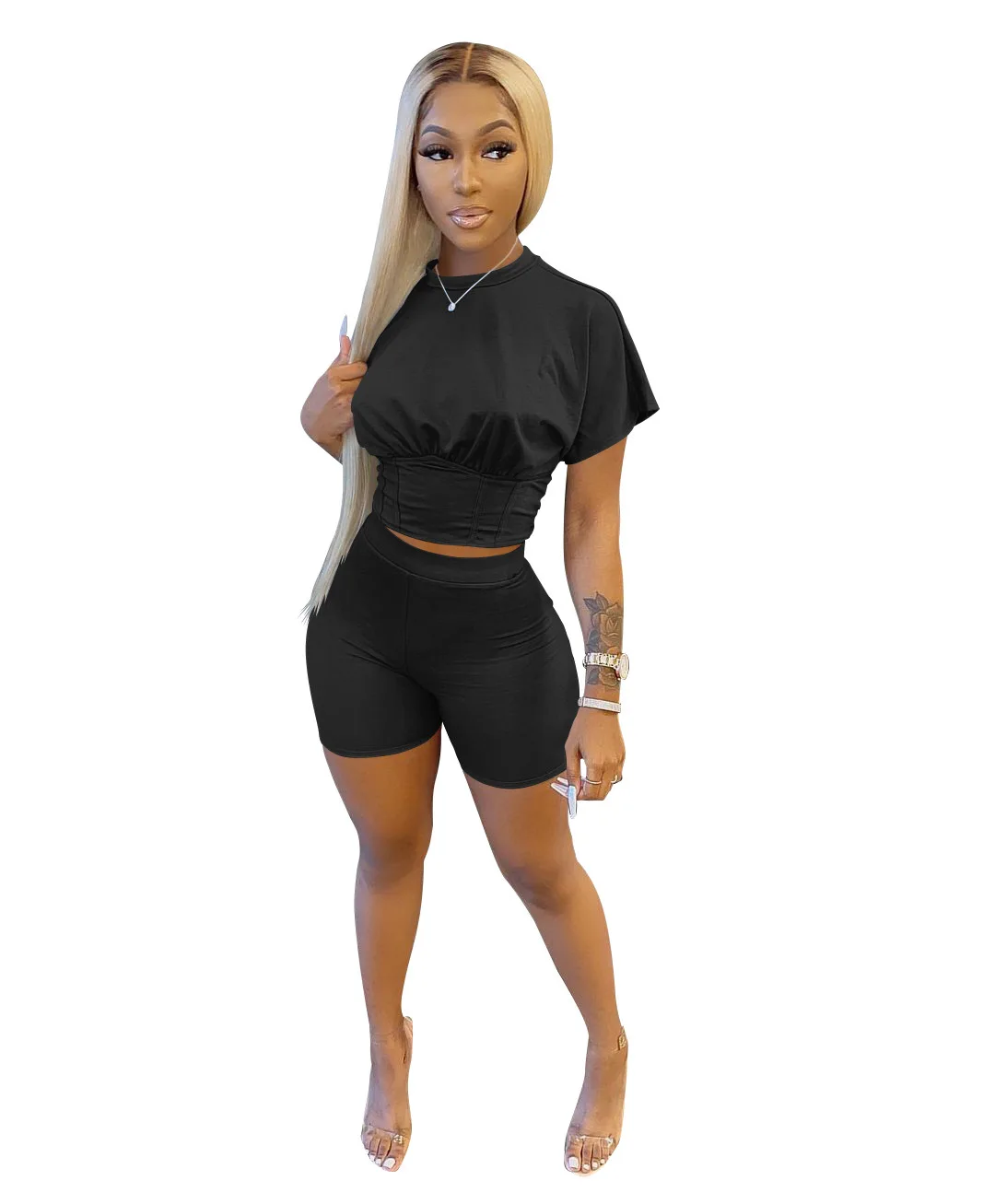 

2021Spring Casual Women Two Piece Set Crop Top Shirt + Pants Soild Color Streetwear Sportwear Tracksuit Clothes For Women Outfit