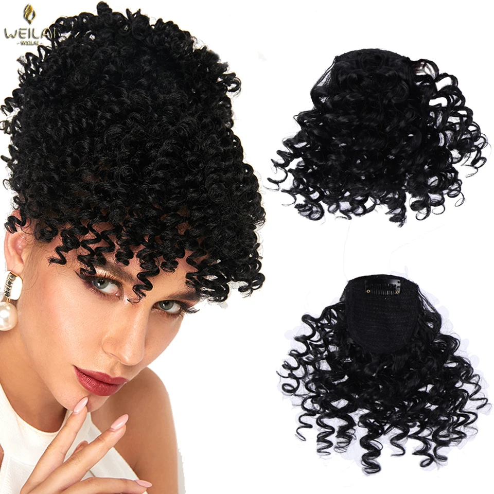 WEILAI Fake Fringe Curly Bangs Clips In Hairpieces With Natural Black Heat Resistant Fiber Synthetic Hair Extensions For Women