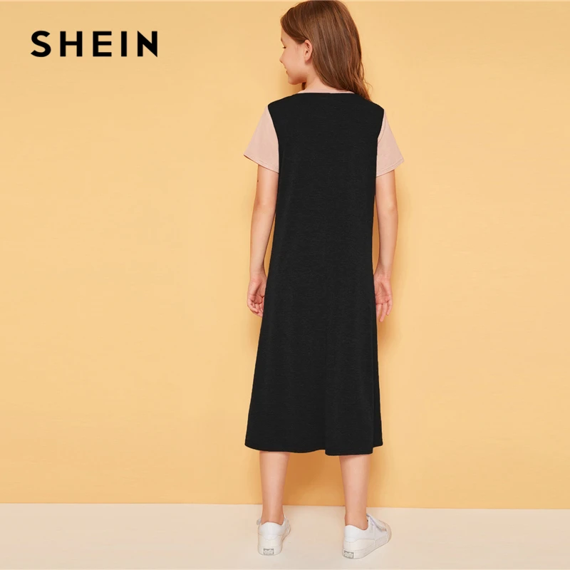 SHEIN/длинное платье-туника с блестками и карманами для девочек; коллекция года; сезон лето; детская повседневная футболка с короткими рукавами