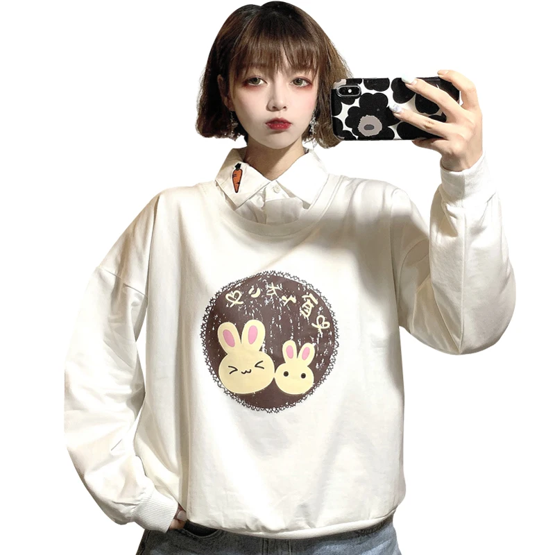 Cute Anime Hoodies Teens Girl Kawaii Rabbit Women's Sweatshirt Soft Long Sleeve Bunny Sweetshirt Green Pink Pullovers 2021 New