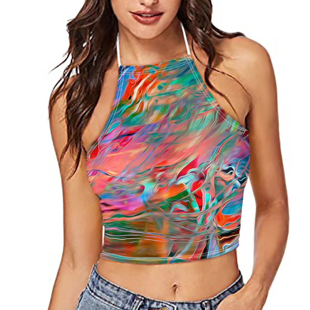 

Summer Sleeveless Halter Crop Tops for Girls Hawaiian Beach Streetwear Colorful Pattern Print Party Harajuku Backless Tank Top