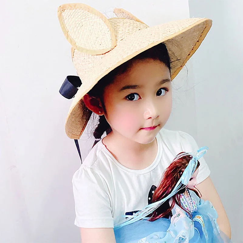 

Cute Children's Cap Empty Top Rabbit Ears Sun Protection Caps Girl Summer Hat Wide Brim Hat Beach Hat Sun Hats Raffia Straw Hat