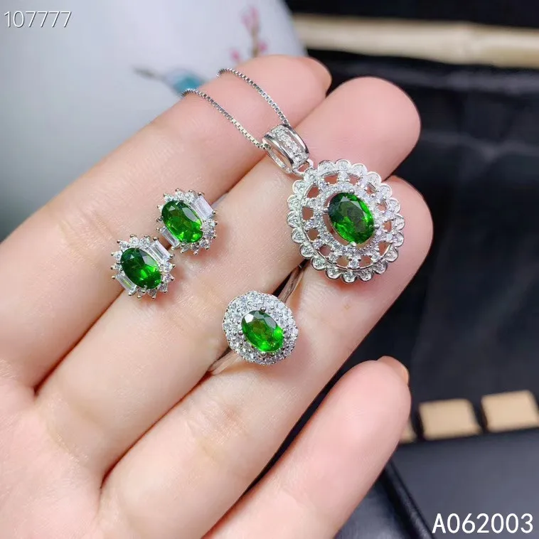 KJJEAXCMY Fine Jewelry 925 sterling silver inlaid natural diopside ring pendant earring set luxury supports test