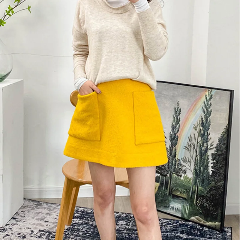 

Ladies high waist solid color all-match skirt double big pocket wool ladies mini skirt autumn and winter new style