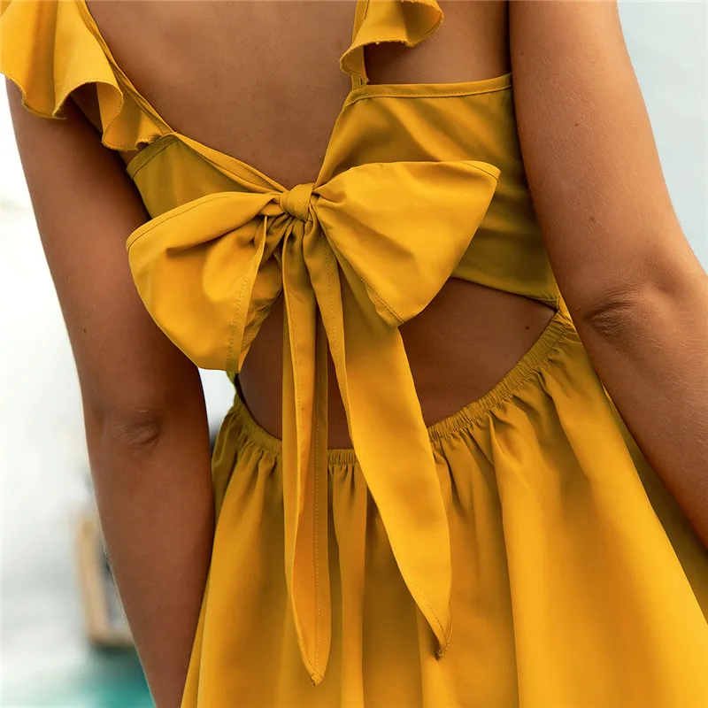 USPOP 2020 summer dress women backless Square Collar Funky Sleeve Bow Tie A-Line mini | Женская одежда